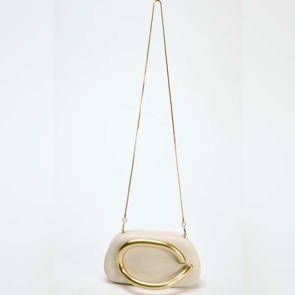 Zara Cream Gold Womens Hard Clutch Purse Box Crossbody Metallic Formal Wedding - Picture 2 of 11